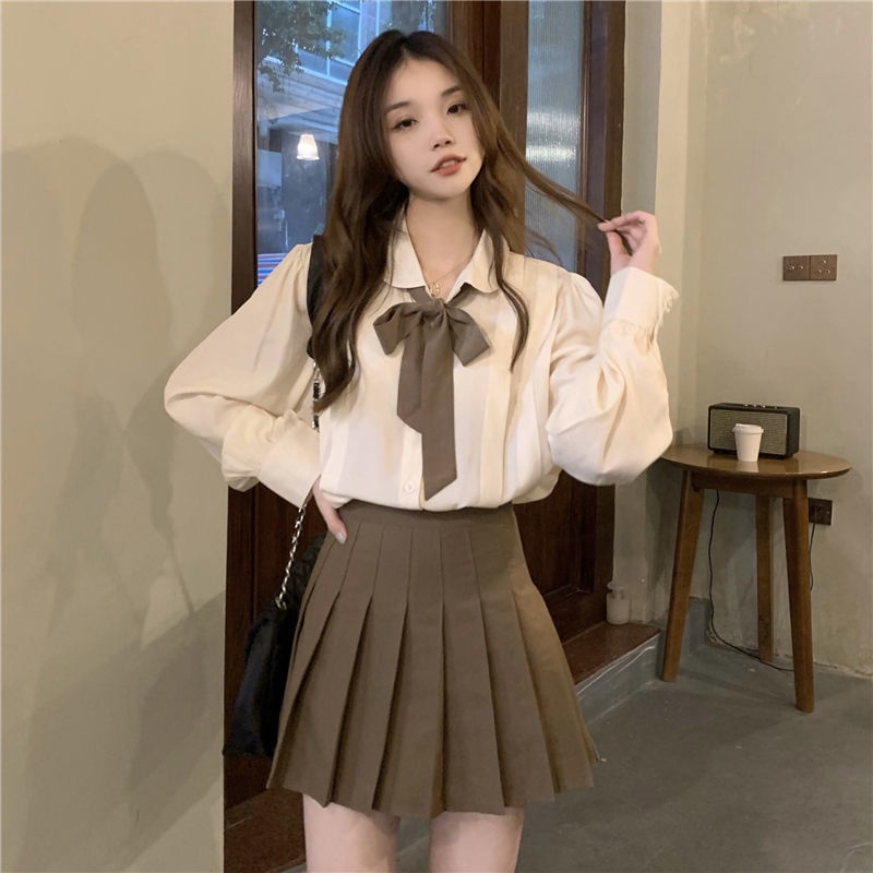 Set áo sơ mi dài tay + chân váy xếp ly thời trang nữ
