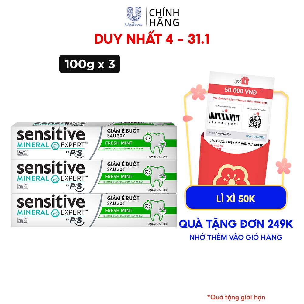 Bộ 3 Hộp Kem đánh răng P/S giảm ê buốt sau 30 giây Sensitive Mineral Expert Fresh Mint với tác động từ khoáng 100g