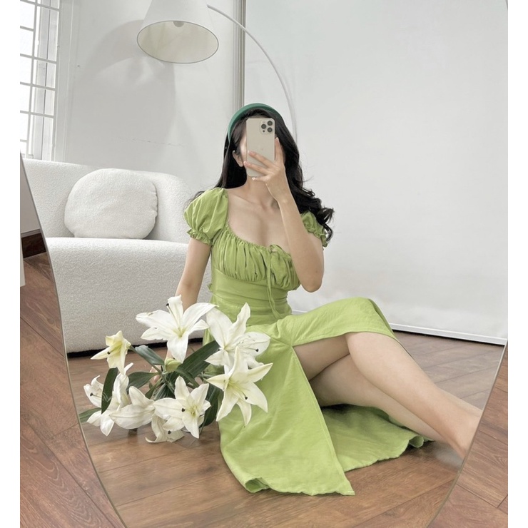 Đầm maxi xanh nhún ngực rớt vai dây yếm cổ xẻ đùi cut-out lưng (về nhiều màu) - Mã 218 | BigBuy360 - bigbuy360.vn