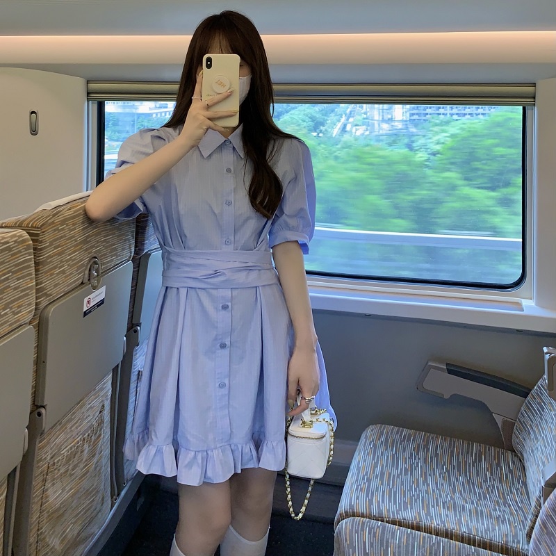 Đầm Sơ Mi Tay Phồng Dáng Xòe Họa Tiết Sọc Caro - Váy Nữ Thắt Eo Mùa Hè Con Đỏng Đảnh VD070