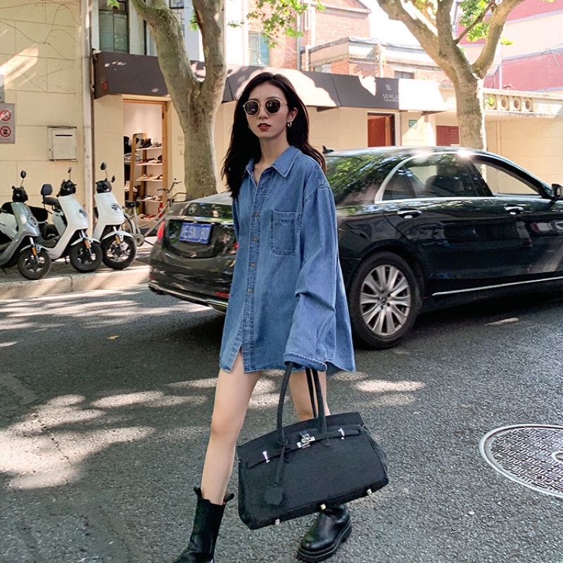 Áo Khoác Jean Nữ Form Rộng Ulzzang Cổ Áo Kiểu Polo Vải Màu Xanh Leevin