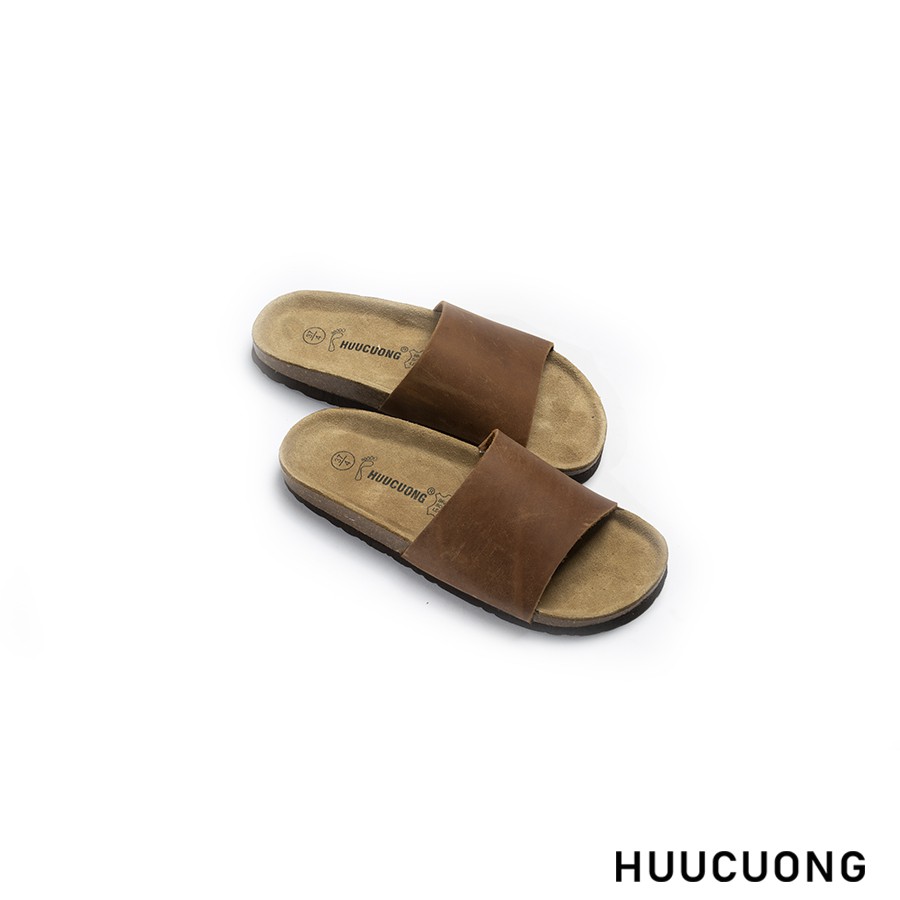 Dép Unisex HuuCuong 1 quai da bò nâu đế trấu