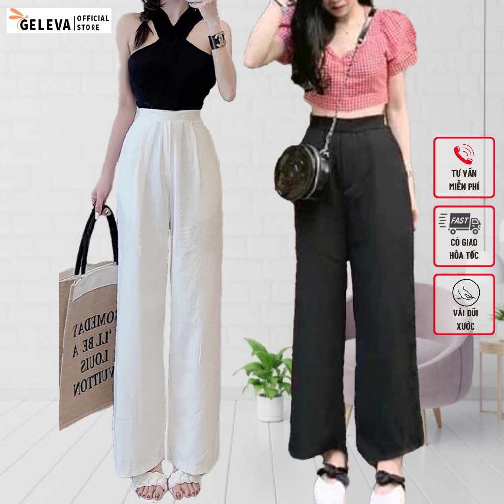 Quần ống rộng đũi dài nữ dáng suông cạp chun sau hottrend, Quần vải nữ suông ống rộng màu trắng đen be Geleva GE914