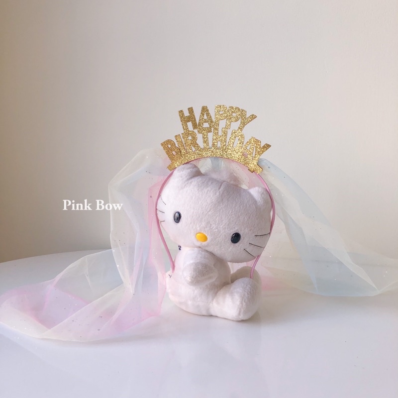 Băng đô cài tóc sinh nhật có chữ Happy Birthday Gold gắn kém bờm vải Voan đủ màu Pastel Unicorn kim tuyến
