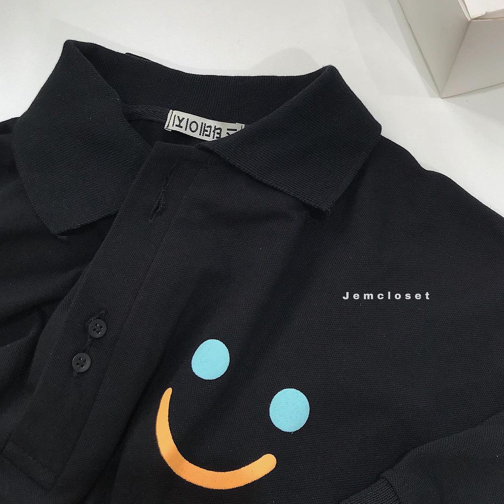 Áo Polo Nữ Tay Lỡ JEM CLOSET Thiết Kế Basic In Họa Tiết Mặt Cười Áo Thun Nữ Form Rộng APP 2 Màu Đen Trắng Siêu Cute10039