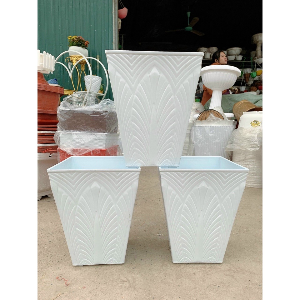 (28x35cm)Chậu nhựa vuông vân lá tráng men sứ cao cấp_Chậu nhựa vuông giả sứ siêu đẹp