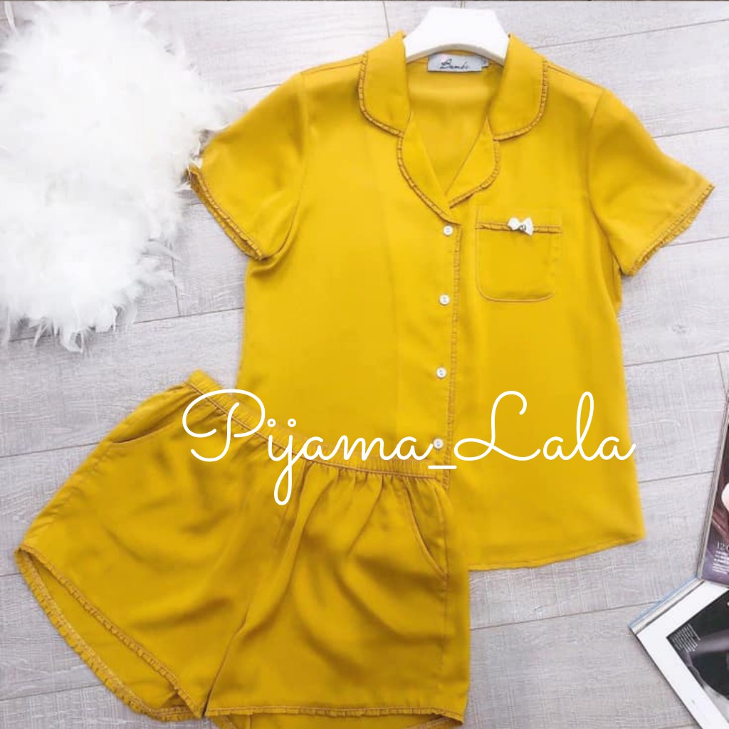 Đồ bộ nữ, Bộ pijama lụa đùi viền bèo Mochi 03 Tay Cộc Quần Cộc hàng thiết kế cao cấp