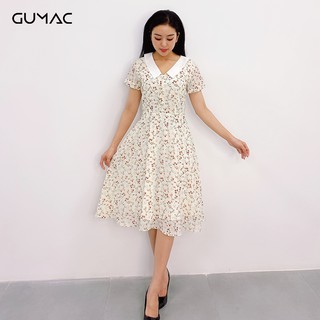 Đầm hoa lá cổ trắng GUMAC DA9116_KEM