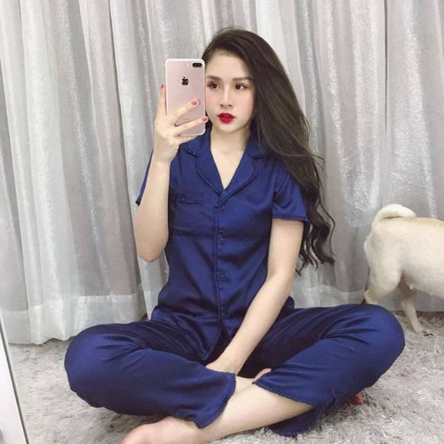 Bộ ngủ lụa NOHK tím than cộc tay