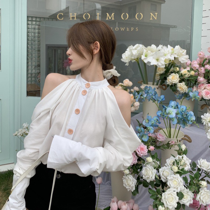(Order) Áo sơ mi phong cách retro áo lệch vai nhẹ nhàng nữ tính