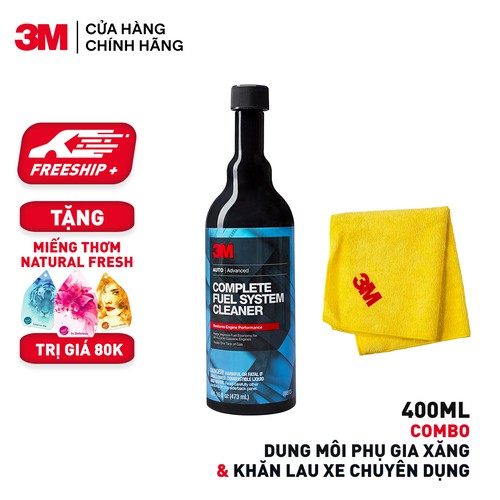 [Giảm 20k đơn 299k] Tặng miếng thơm Combo Dung môi phụ gia xăng 3M 08813 473ml + Khăn lau xe hơi chuyên dụng 43M 50400