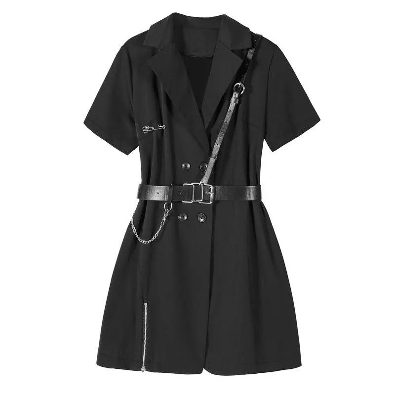 💥Set đồ đen cổ bẻ cộc tay dáng váy xoè cá tính kèm phụ kiện xích đai y hình - 3 ảnh khách mặc cuối S7