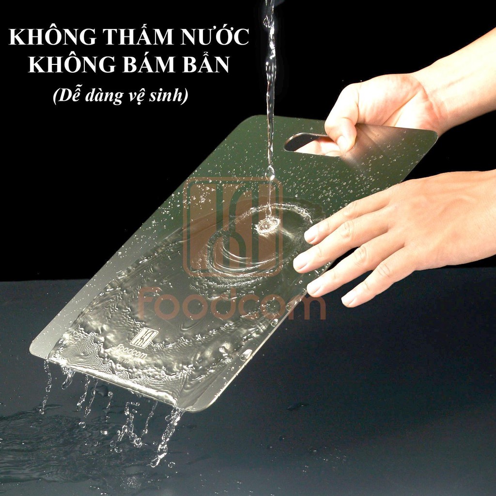 Thớt Inox 304 💝FREESHIP + HOÀN XU💝Chính Hãng Foodcom Việt Nam [Tặng 2 móc treo siêu dính] Size 33cm x 23cm FC008