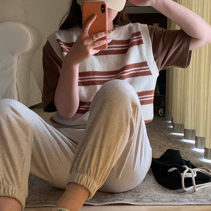 SUXI Áo Len Không Tay Cổ Chữ V Họa Tiết Kẻ Sọc Thời Trang Hàn Quốc Dễ Phối Đồ Cho Nữ