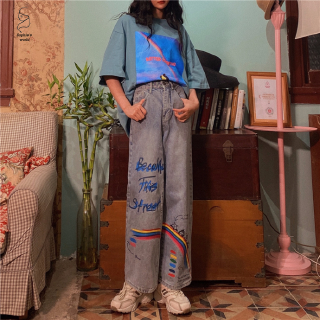 Quần Jean Dài Lưng Cao Ống Rộng In Họa Tiết Graffiti Kiểu Retro Cá Tính Cho Nữ
