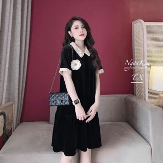 Váy Nhung Cổ Ren hoa ngực