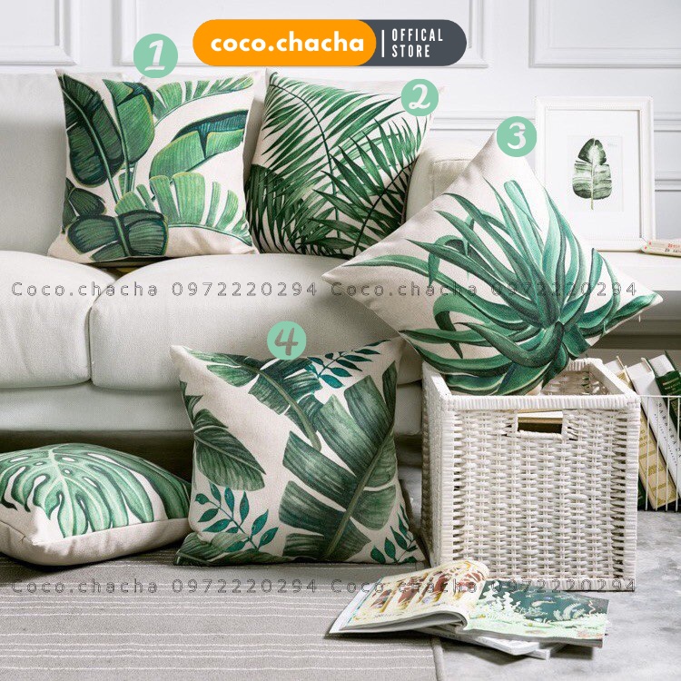 Dòng lá xanh - Vỏ gối tựa lưng, gối sofa vuông vải gai trang trí, bền màu tới 5 năm (chỉ vỏ)