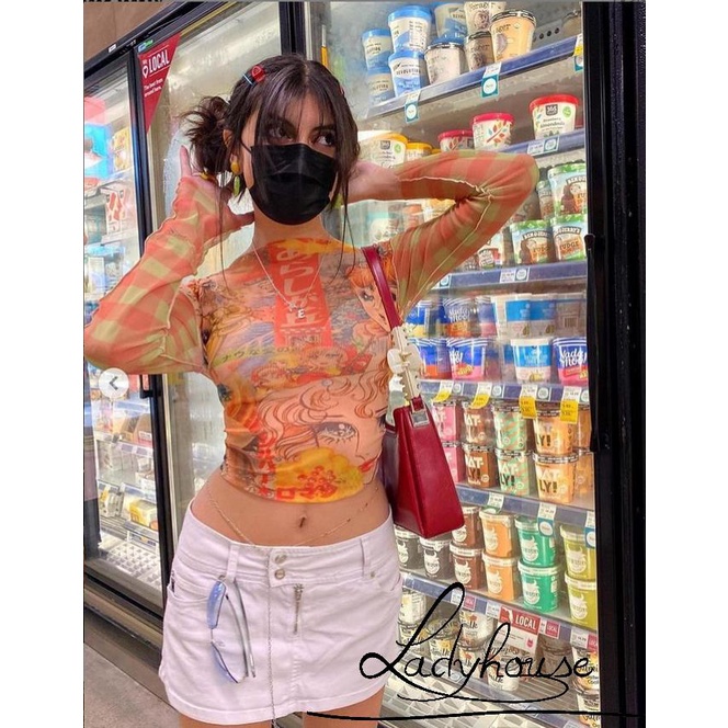 Áo croptop tay dài cổ tròn dáng ôm in họa tiết hoạt hình thời trang cho nữ