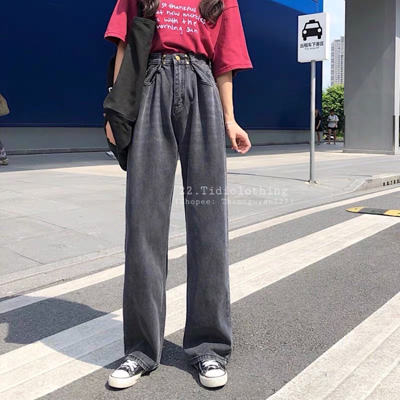 Quần ulzzang jean ống suông có bigsize / Quần ống rộng có móc cài eo Quảng Châu