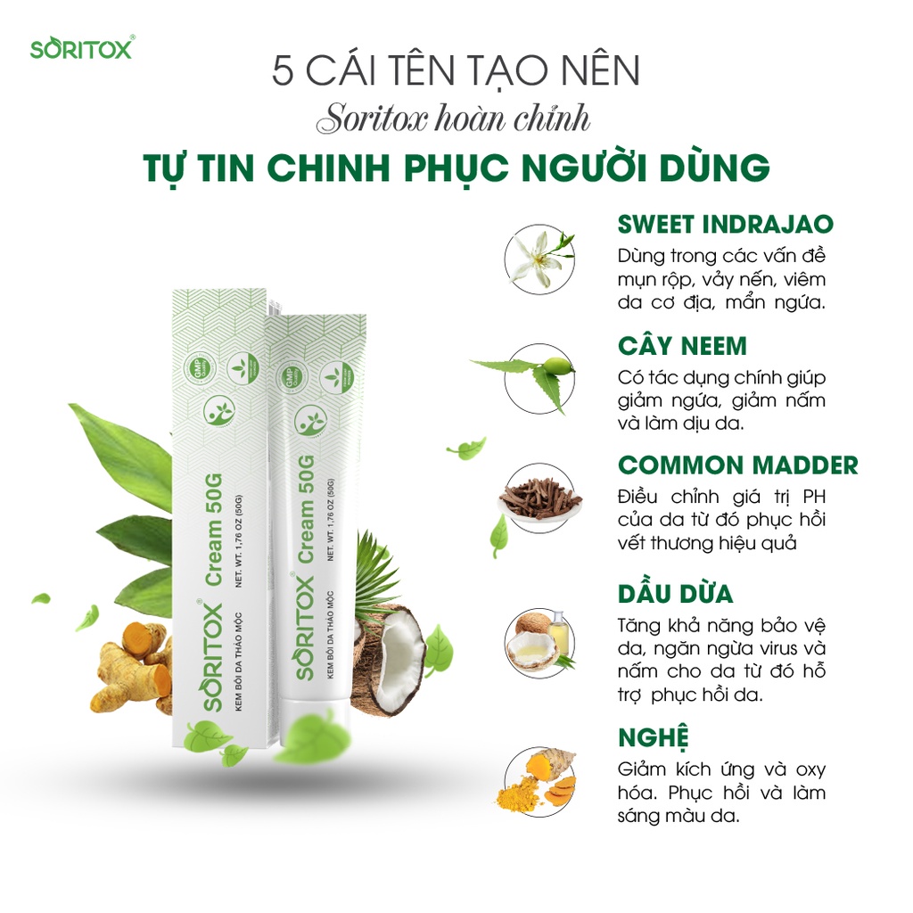 Kem bôi Vảy nến, Viêm da cơ địa, Chàm da, Nấm da, Hắc lào, Á sừng, Tiết bã, Chàm sữa, Dưỡng ẩm da - SORITOX CREAM 50GR