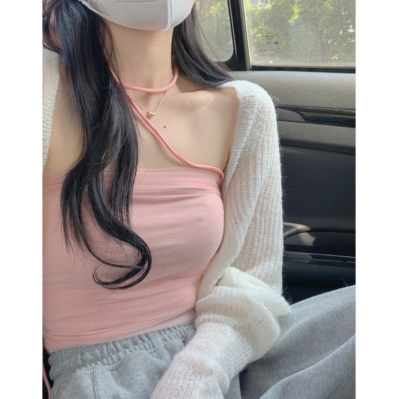 Áo cardigan len mỏng lưới nữ Quảng Châu cao cấp màu trắng hồng xanh phong cách Hàn Quốc mới nhất 2022 Kozoda AC27