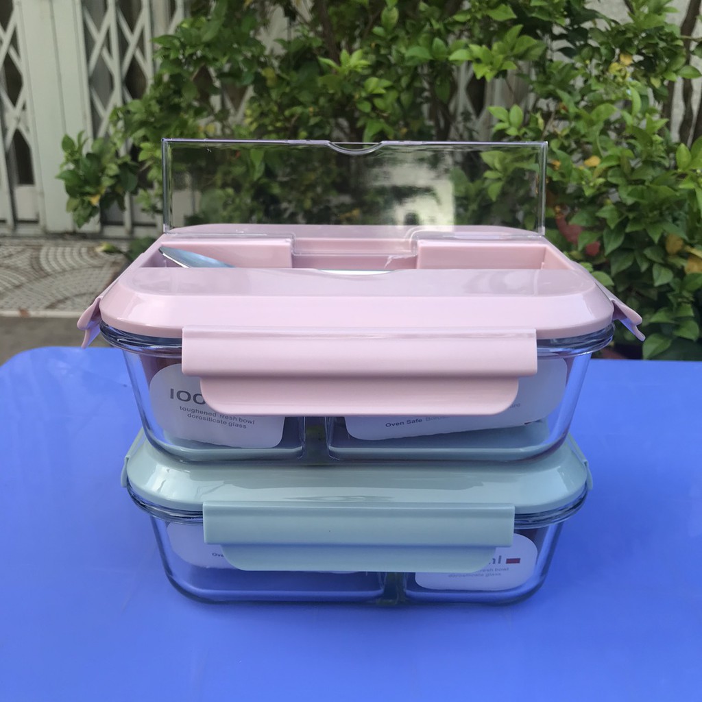 Hộp Cơm thủy tinh 3 Ngăn Kèm Đũa Thìa Inox - Giao Màu Ngẫu Nhiên | BigBuy360 - bigbuy360.vn