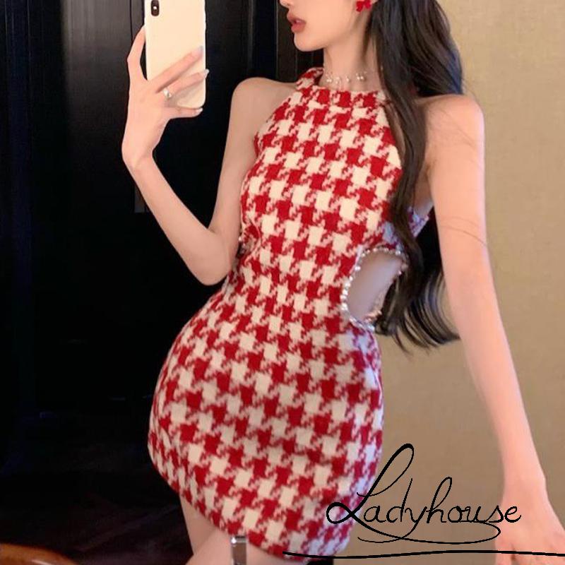 Ldd-đầm Ôm Dáng Không Tay Khoét Lỗ Rỗng Đính Đá Màu Đỏ Cho Nữ