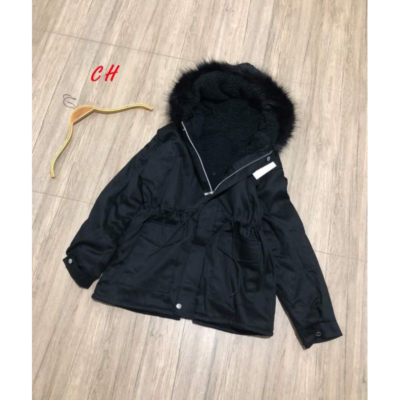 Áo khoác kaki lót lông nữ rút eo lót lông hàng đổ shop màu đen đẹp