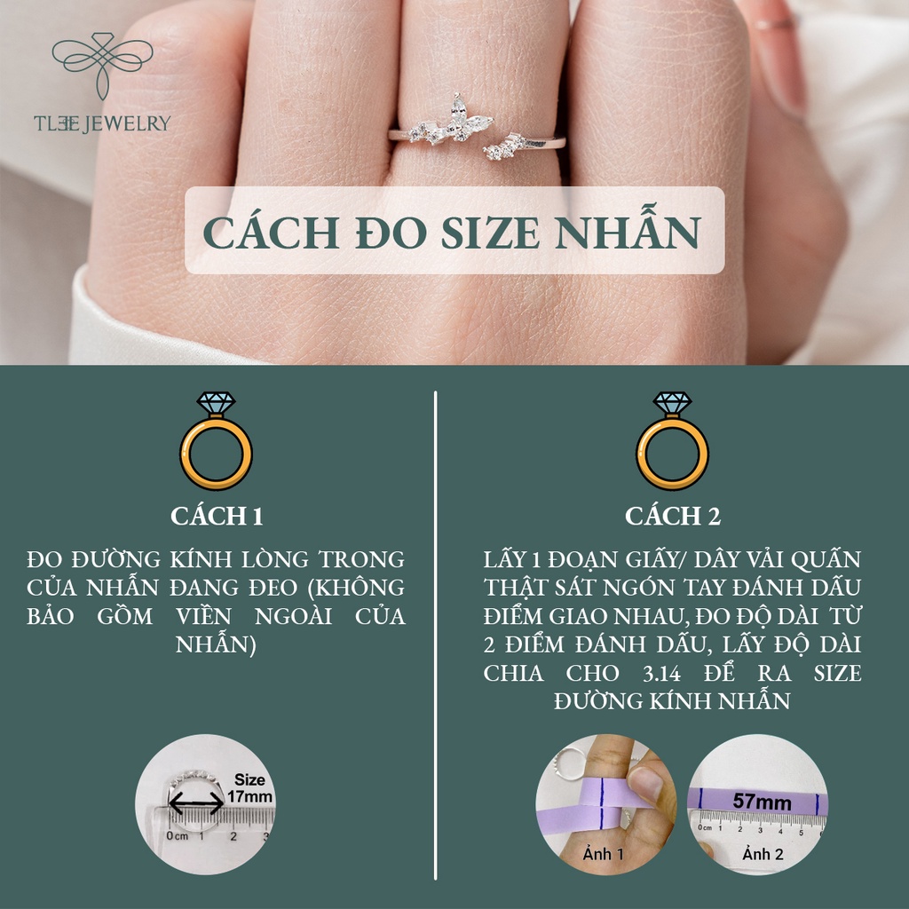 Nhẫn bạc nữ TLEE đính đá hình cánh bướm dáng hở nữ tính NCJ A0203