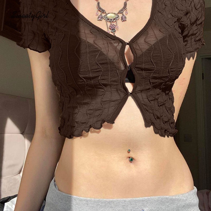 Áo Croptop Cổ Chữ V Cài Nút Màu Sắc Trơn Dáng Ôm Thời Trang Quyến Rũ Cho Nữ