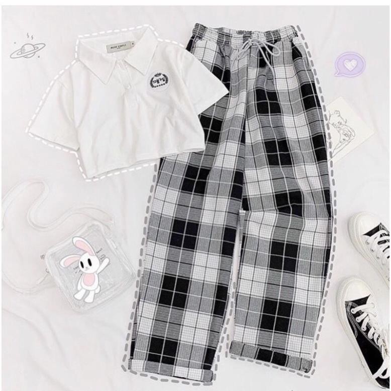 Set Quần Baggy Caro + Áo Croptop Logo Chữ Hàn Free Size Dưới 55Kg