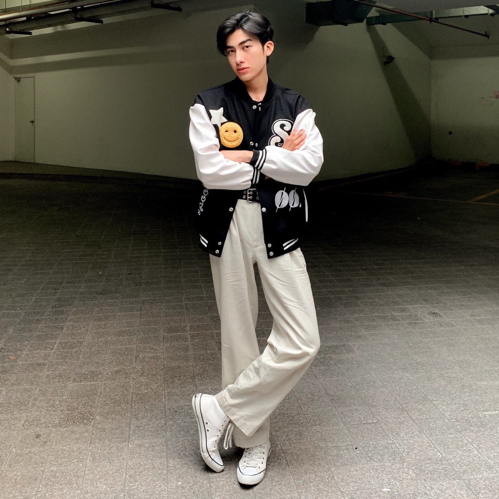 Áo Khoác Dạ Đen Phối Da - Varsity Jacket | BigBuy360 - bigbuy360.vn