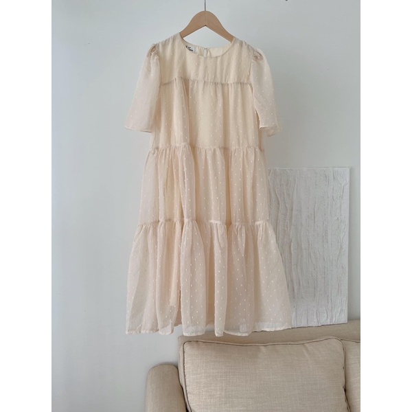Váy babydoll midi HẠT NỔI voan tơ xếp tầng