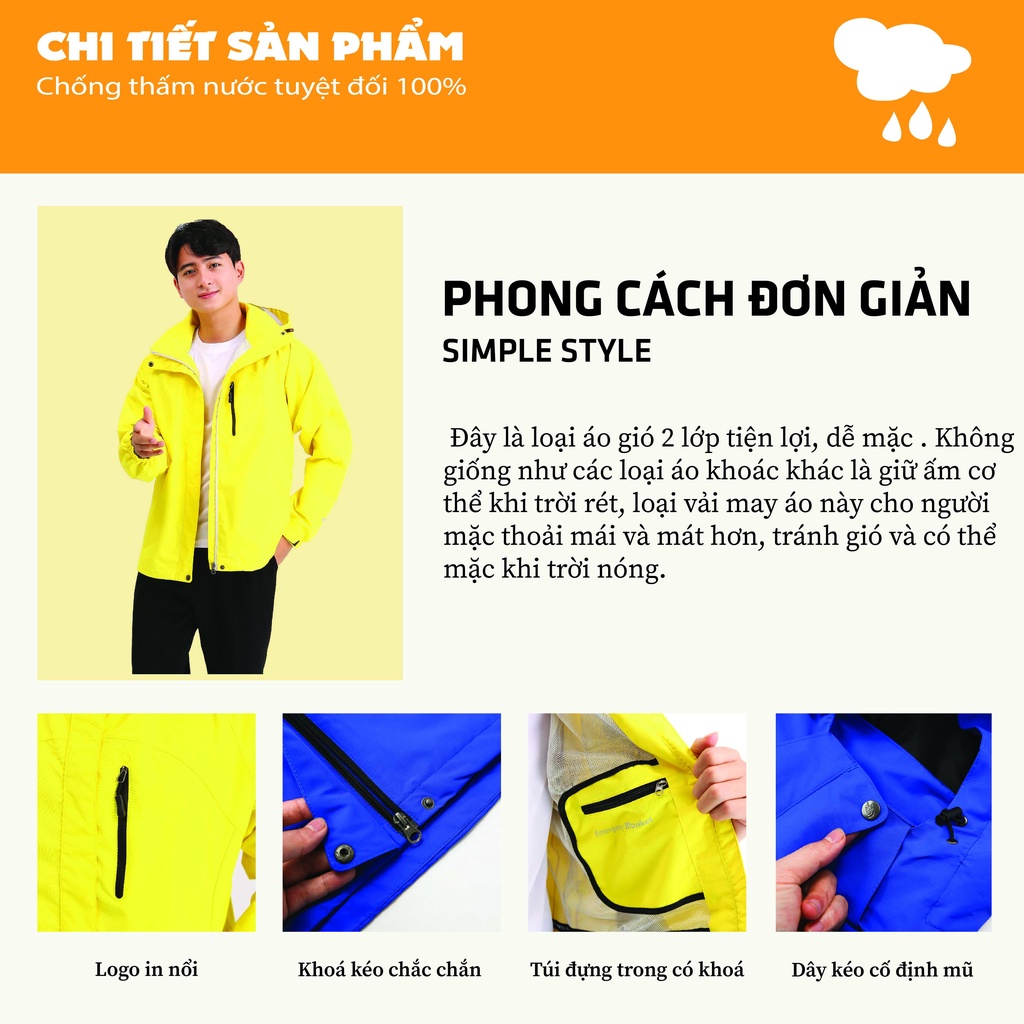 Áo khoác gió nam nữ 2 lớp một màu chống nước cản bụi giữ ấm JACWATER C352
