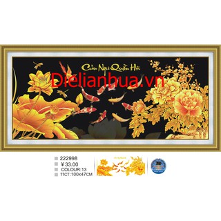 Tranh thêu chữ thập 3D mẫu cá  CỬU NGƯ QUẦN HỘI. Kích thước: 100x47cm