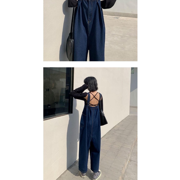 Quần yếm denim form rộng phong cách cổ điển Hàn Quốc