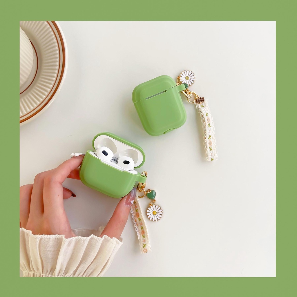 Vỏ Bảo Vệ Hộp Sạc Tai Nghe AirPods 1 2 pro 3 2021 gen3 Bluetooth Không Dây Bằng Silicon Tpu Mềm Màu Xanh Lá Phối Hoa Cúc Đơn Giản