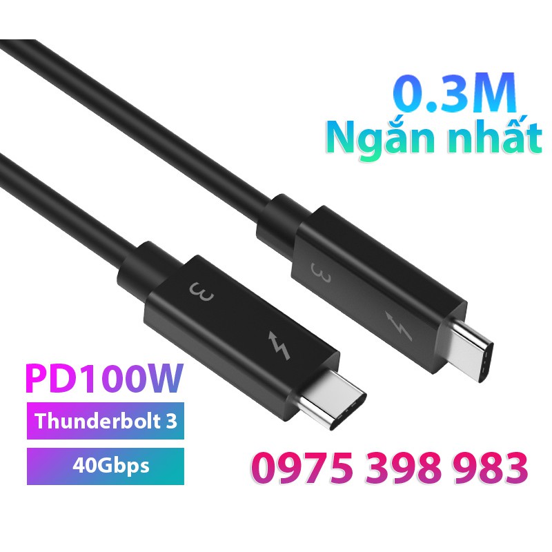Dây cáp Thunderbolt 3 ngắn 30cm (0.3m) tốc độ 40GB Video Audio 4K, sạc 100W cho Macbook iMac, Mac studio souldcard eGPU