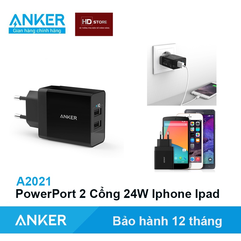 Củ Sạc Anker Power Port 2 Cổng 24W Chân tròn EU A2021 cho IP Ipad Samsung Androi 12W 10W 5V 1A 2.4A