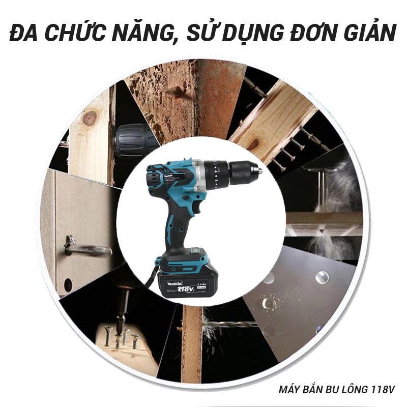 Máy khoan pin cầm tay Makita 118V 5.0Ah- Motor từ không chổi than, lõi đồng 100% - Đầu 13mm, 3 chế độ khoan, vít, búa