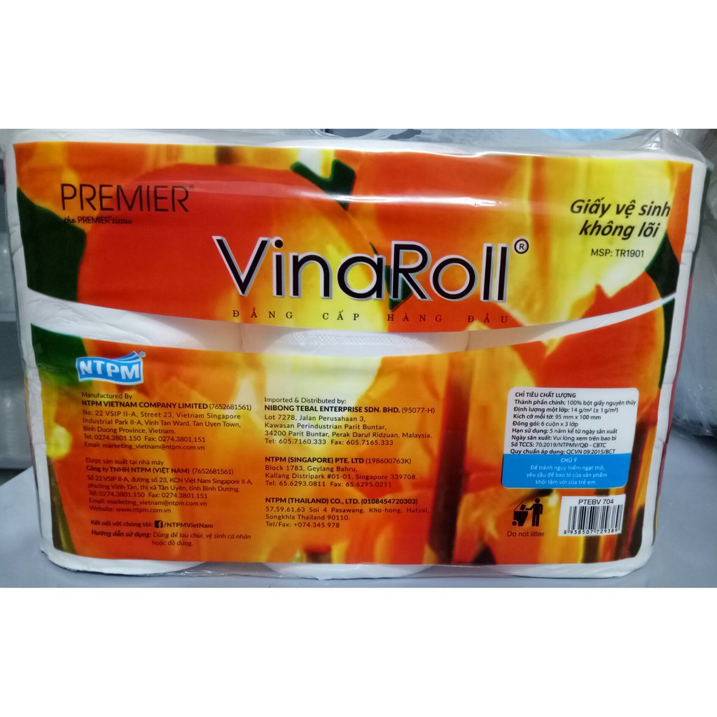 Giấy vệ sinh cao cấp VinaRoll 6 cuộn 3 lớp, không lõi
