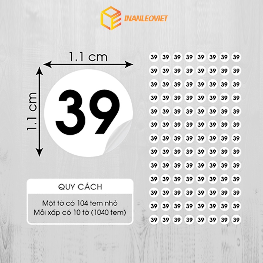 Nhãn Decal giấy In sẵn số Size 34 tới 43 kích thước 1.1cm chỉ cần gỡ và dán size quần, giày, dép 1 tờ 104 nhãn
