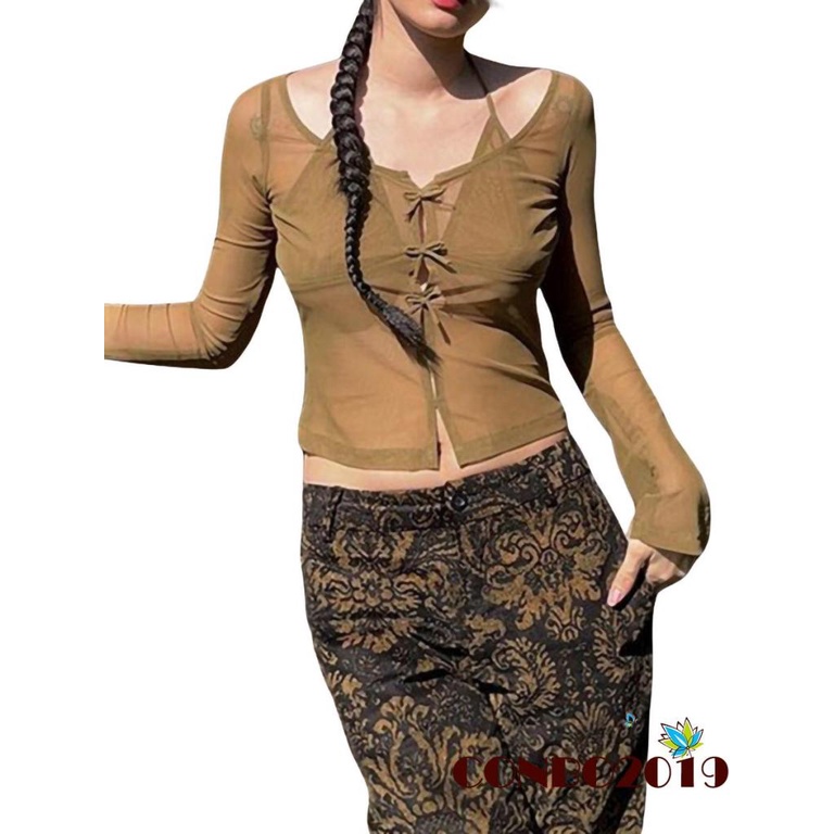 Áo Croptop Tay Dài Dáng Ôm Xuyên Thấu Màu Sắc Đơn Giản Dành Cho Nữ