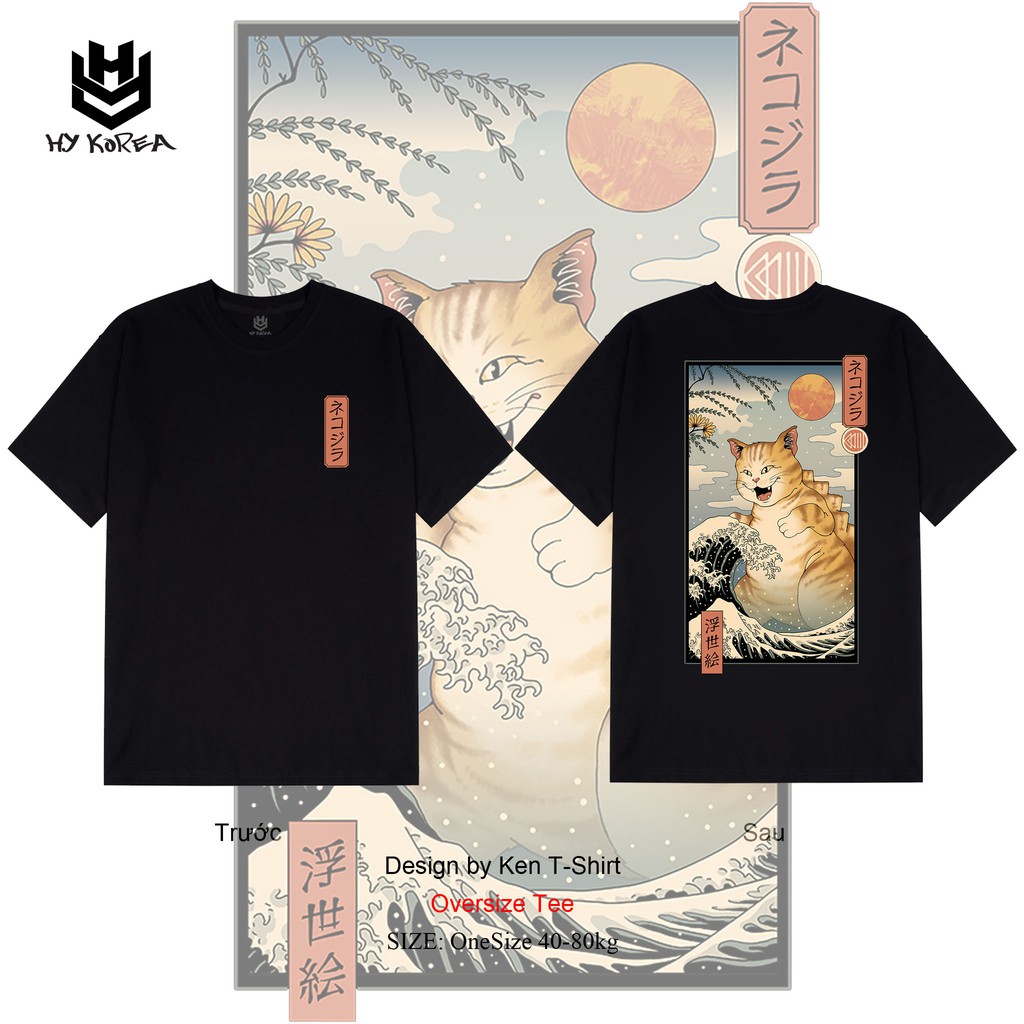 Áo Thun Tay Lỡ HY Korea In Hình Mèo Khủng Long, Cotton 100%, Dày Mịn Mát, Chính Hãng.
