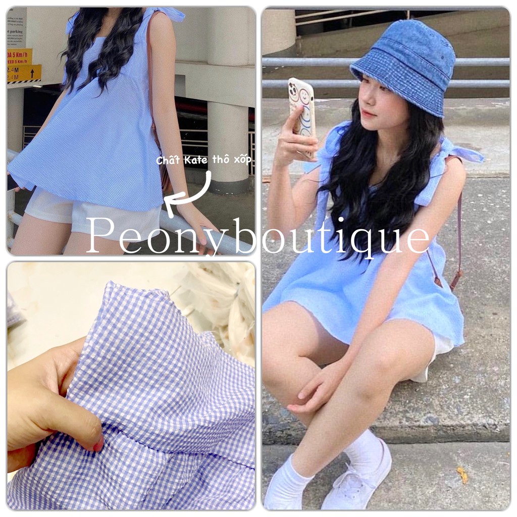 Set Áo 2 Dây Buộc Nơ Xanh Kate PEONYB Nữ [FREESHIP]  Bộ đồ babydoll kẻ caro bánh bèo kèm short form rộng Ulzzang
