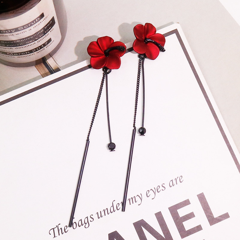 Đôi khuyên tai mạ bạc 925 mặt hình hoa phối tua rua dài