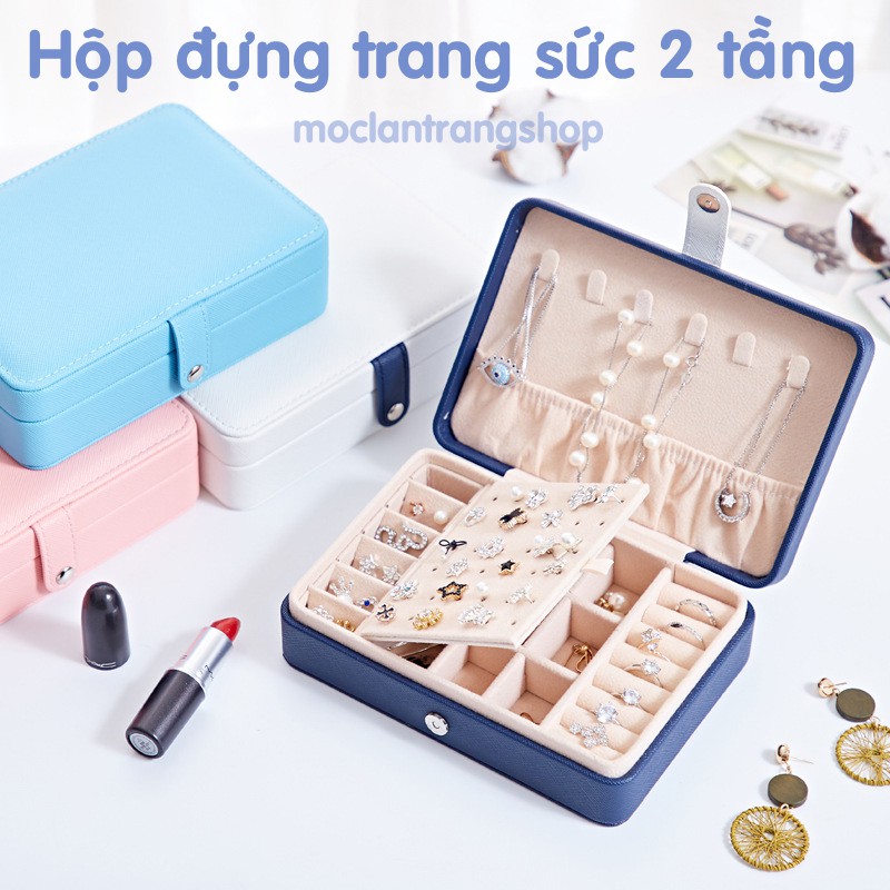 Hộp đựng trang sức 2 tầng nhỏ gọn cầm tay, khóa nam châm, ví đựng đồ nữ trang bông tai dây chuyền nhẫn vòng chống nước