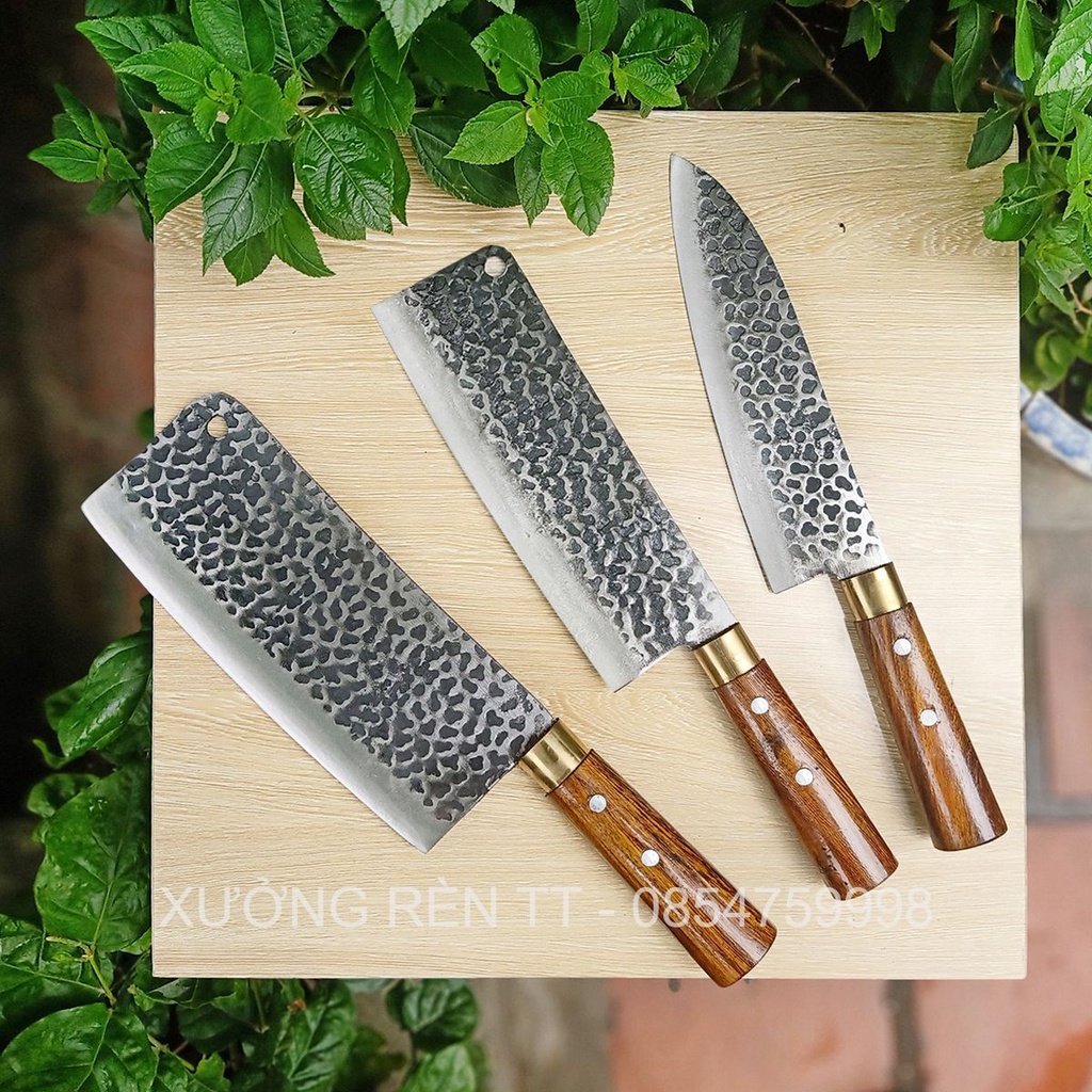 Bộ 3 Dao Nhà Bếp (Chặt - Thái - Lọc) Rèn Từ Thép Nhíp Dập Vân 2 Mặt - Cán Cẩm Chỉ Cao Cấp