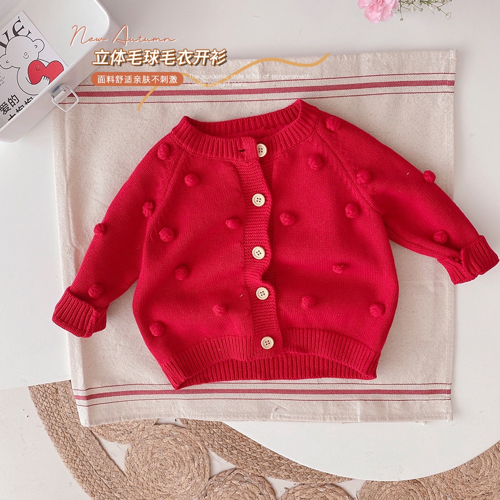 Áo khoác cardigan dệt kim đính quả bông thiết kế mới thời trang mùa thu dành cho bé gái