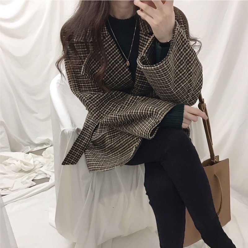 Áo khoác dạ kẻ dáng rộng 2 lớp phong cách Hàn Quốc - Mono Boutique